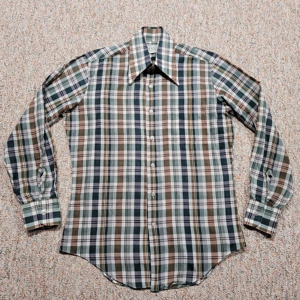 KMart Shirt Mens Medium Multi Plaid Button Up‎ Dagger Collar Disco VTG 60s 70s